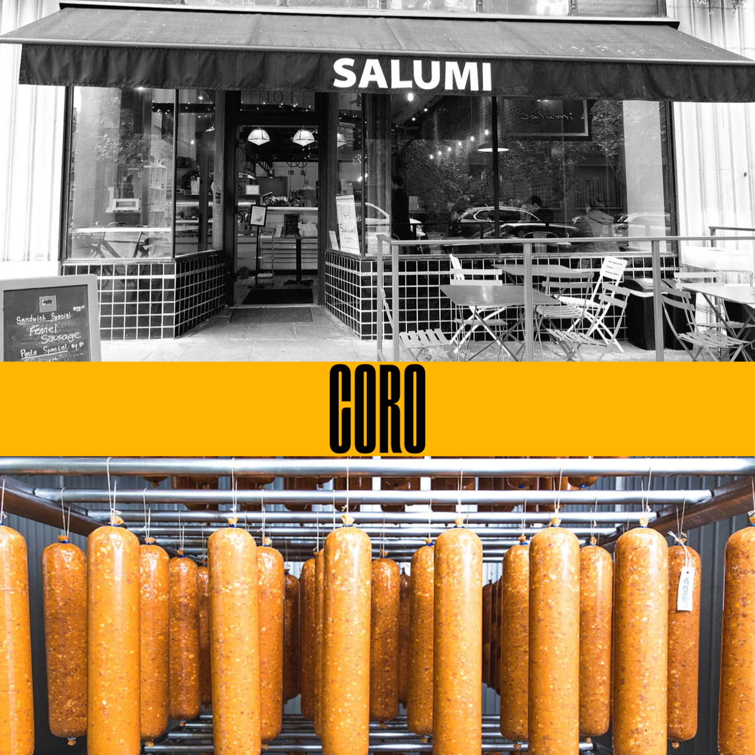 coro foods in Seattle, WA Exterior of a 'Salumi' store with hanging sausages in the foreground.