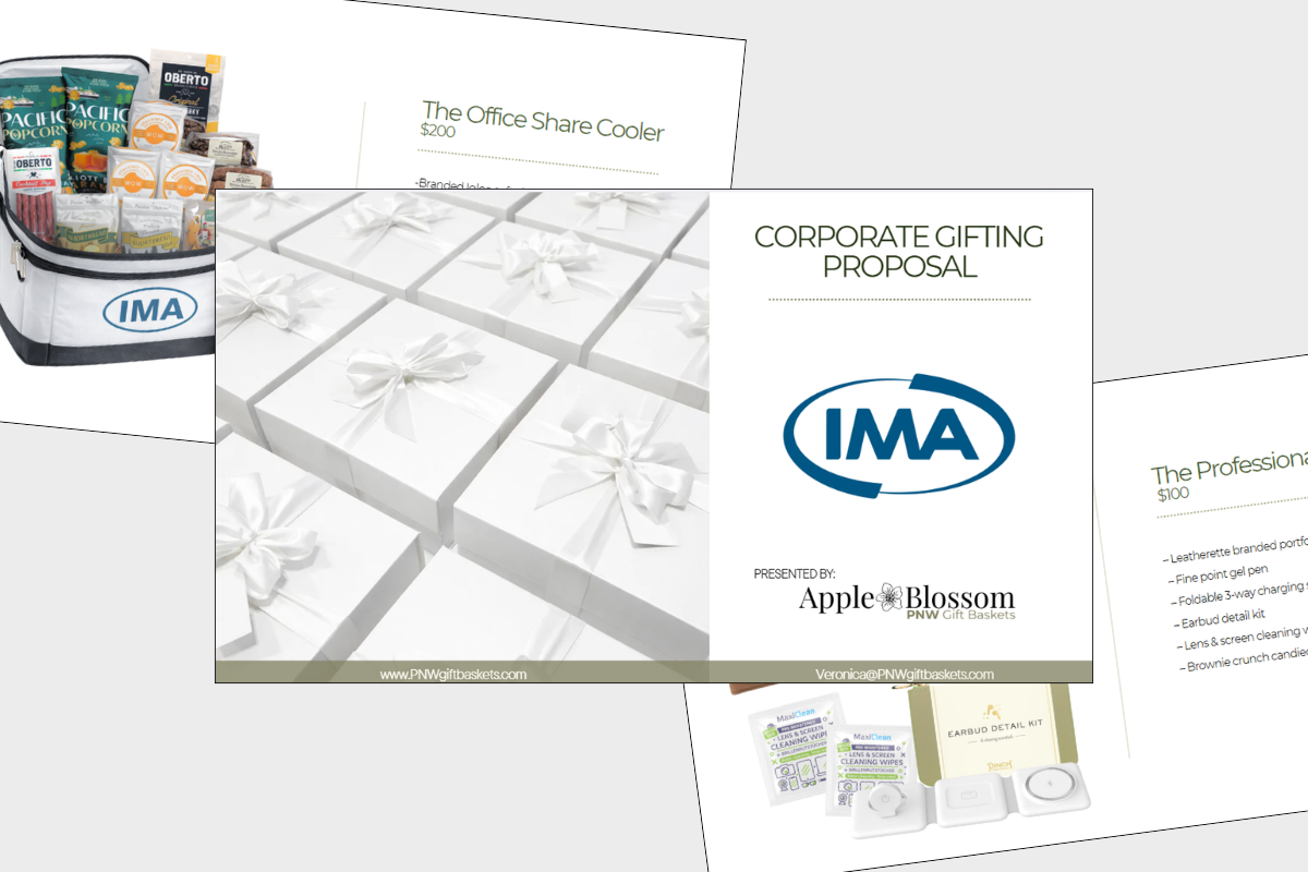 Corporate gifting proposal mockup featuring custom branded gift box concepts, client proposal pages, and premium Pacific Northwest corporate gift designs by Apple Blossom Gift Baskets.