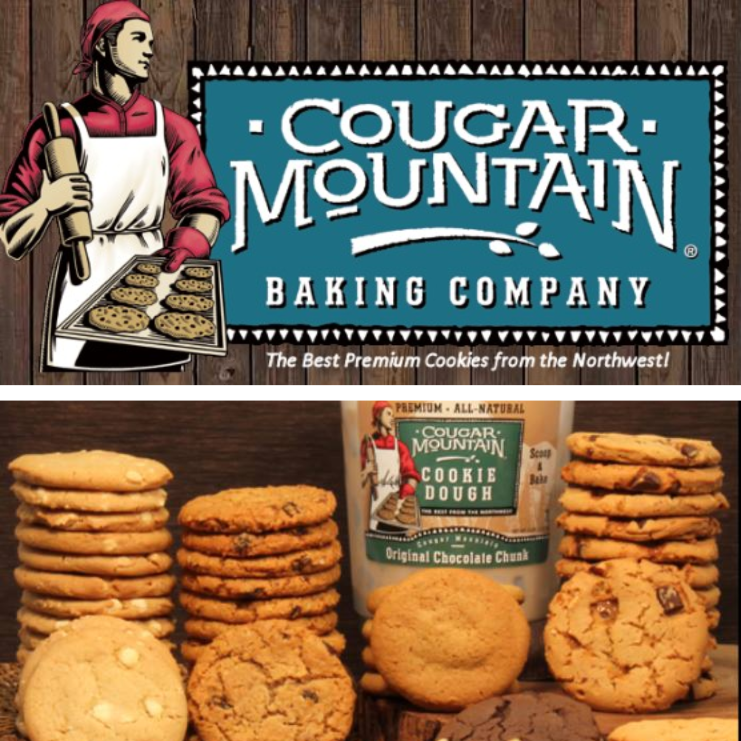 Cougar Mountain Baking Company logo with cookies and cookie dough on a wooden background