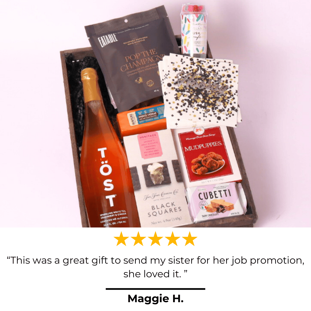 PNW gift baskets 5 star review for the cue the confetti snack and  gift basket says "this was a great gift to send my sister for her job promotion, she loved it.
