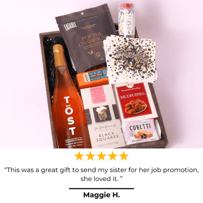PNW gift baskets 5 star review for the cue the confetti snack and  gift basket says "this was a great gift to send my sister for her job promotion, she loved it.
