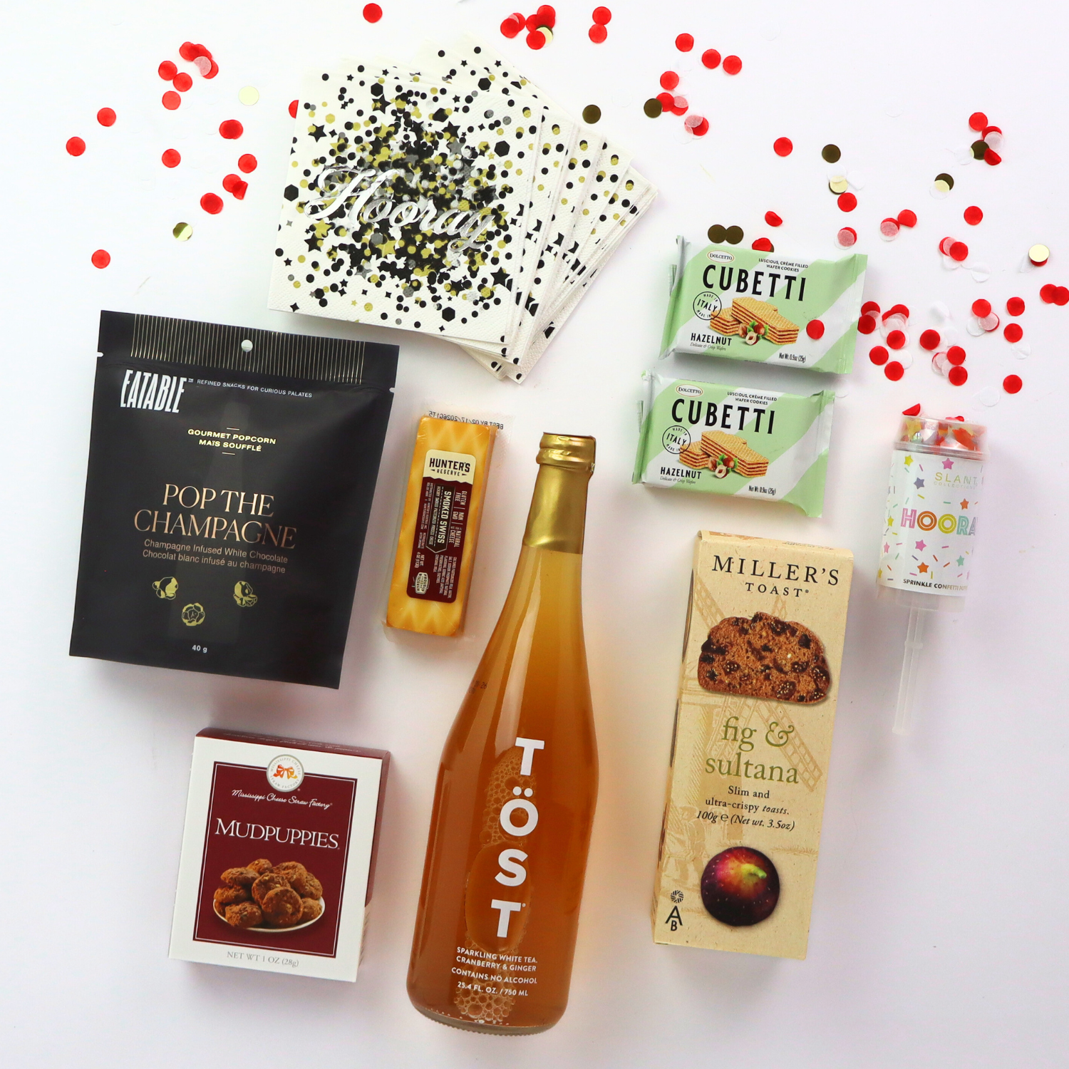 Cue The Confetti congratulations gift basket made in Washington comes with snacks in a reusable wooden tray.   Made by Apple Blossom Gift Baskets.