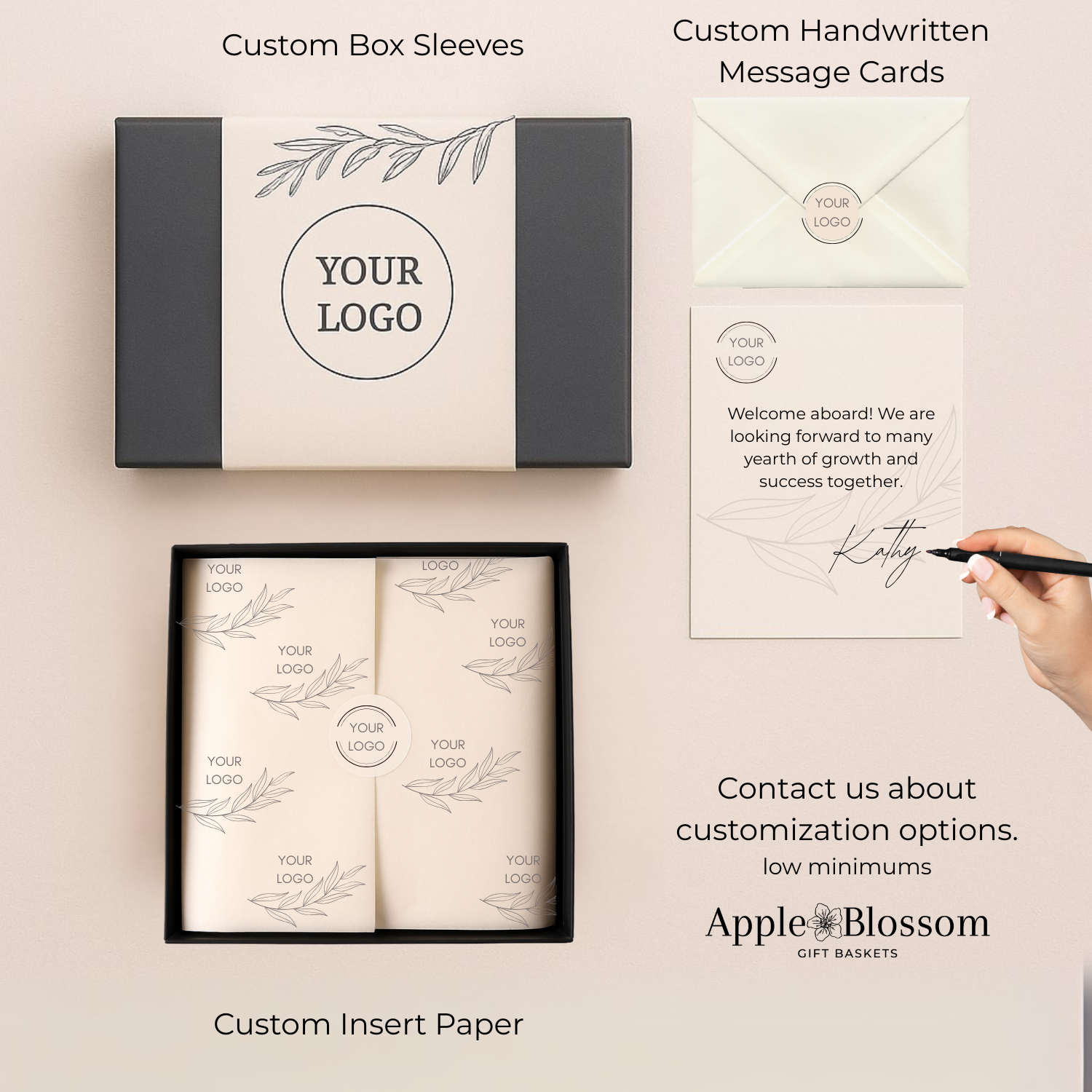 Custom gift packaging options from Apple Blossom Gift Baskets for corporate gifts, including branded box sleeves, custom insert paper, and handwritten message cards with low minimums.