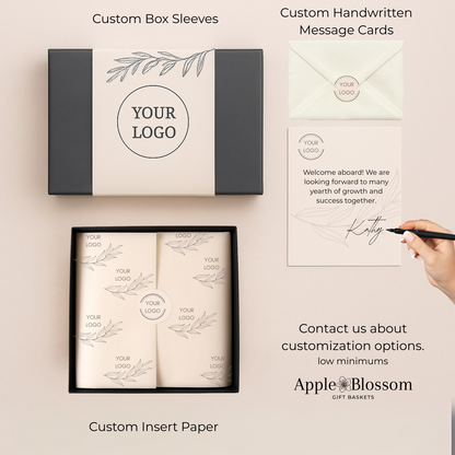 Custom gift packaging options from Apple Blossom Gift Baskets for corporate gifts, including branded box sleeves, custom insert paper, and handwritten message cards with low minimums.