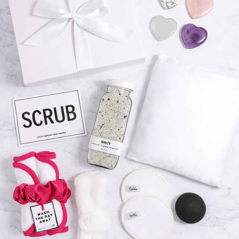 Day At The Spa Gift Basket Day At The Spa Gift Basket Day At The Spa Gift Basket Flat lay of spa gift contents featuring a pink scrunchie, SCRUB sponge card, bath salts, headband, and face cloths—highlighting customer review.