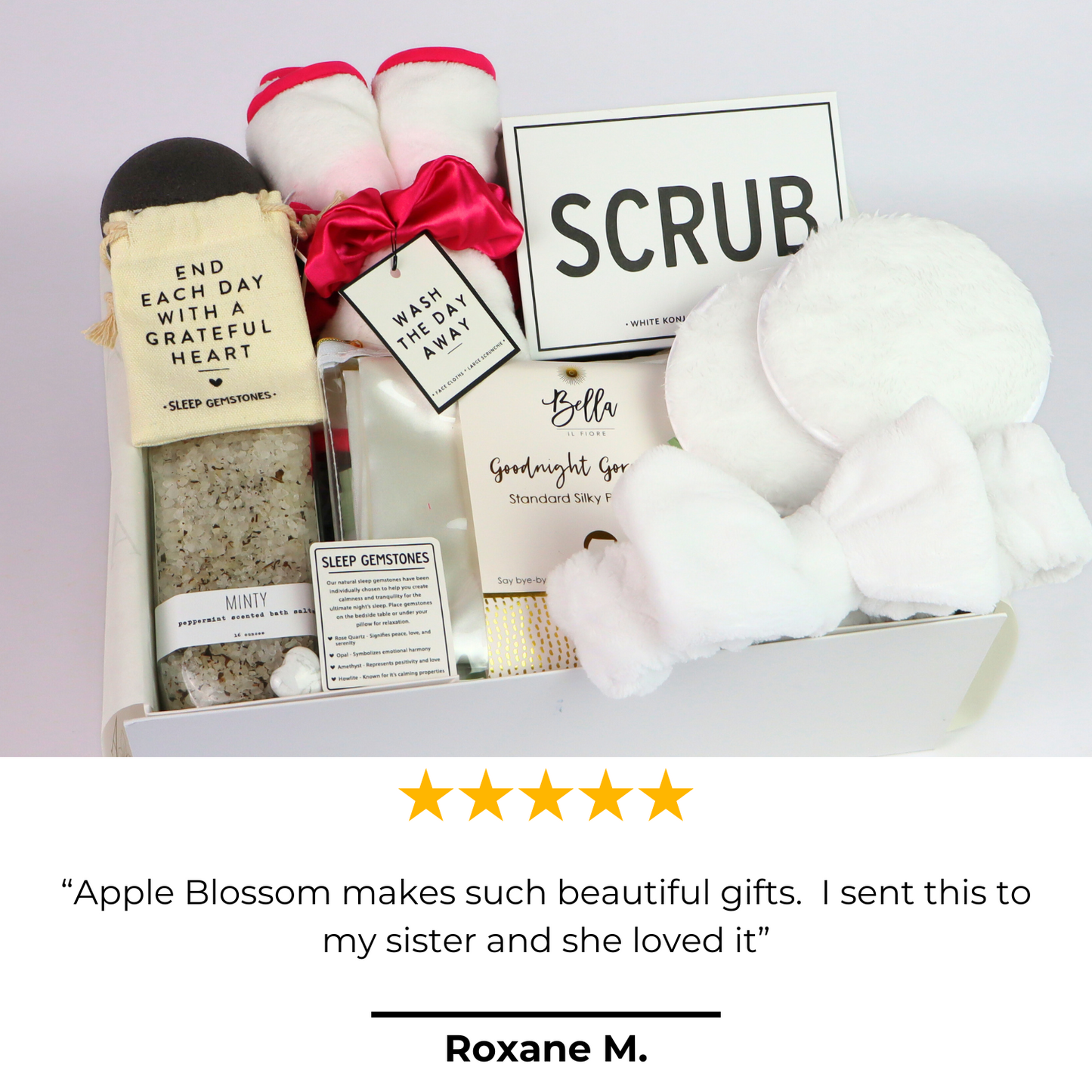 Day At The Spa Gift Basket Exterior of the spa gift set featuring a white soft-touch magnetic gift box tied with a white satin ribbon for a luxurious presentation.