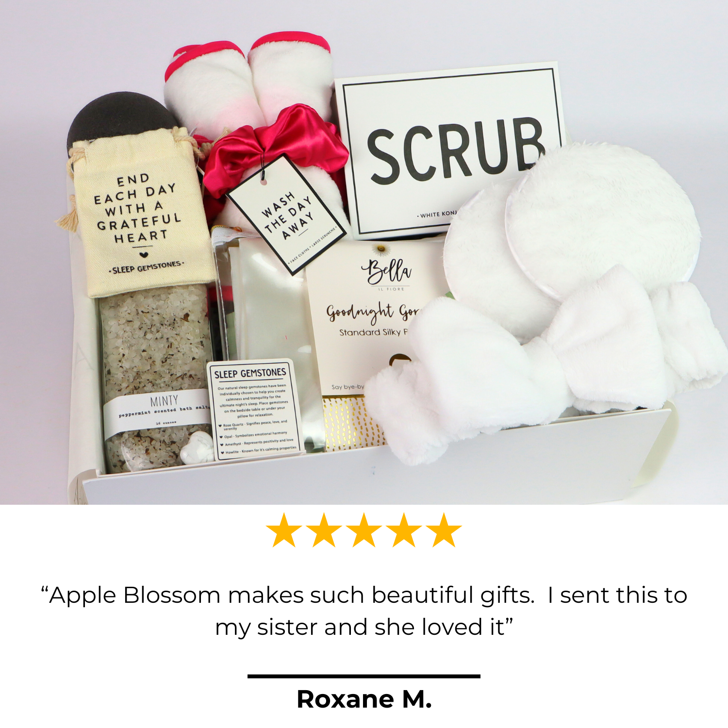 Day At The Spa Gift Basket Exterior of the spa gift set featuring a white soft-touch magnetic gift box tied with a white satin ribbon for a luxurious presentation.