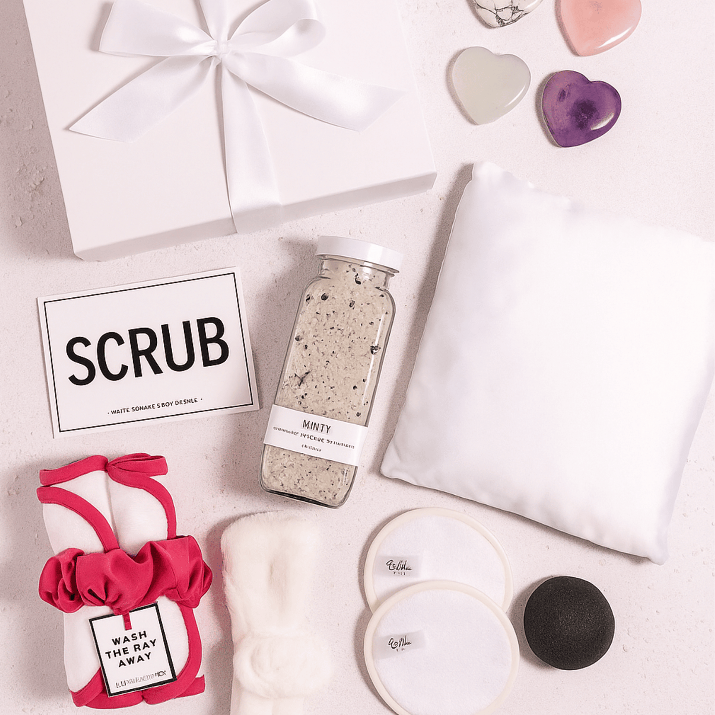 Day At The Spa Gift Basket Day At The Spa Gift Basket Day At The Spa Gift Basket Flat lay of spa gift contents featuring a pink scrunchie, SCRUB sponge card, bath salts, headband, and face cloths—highlighting customer review.