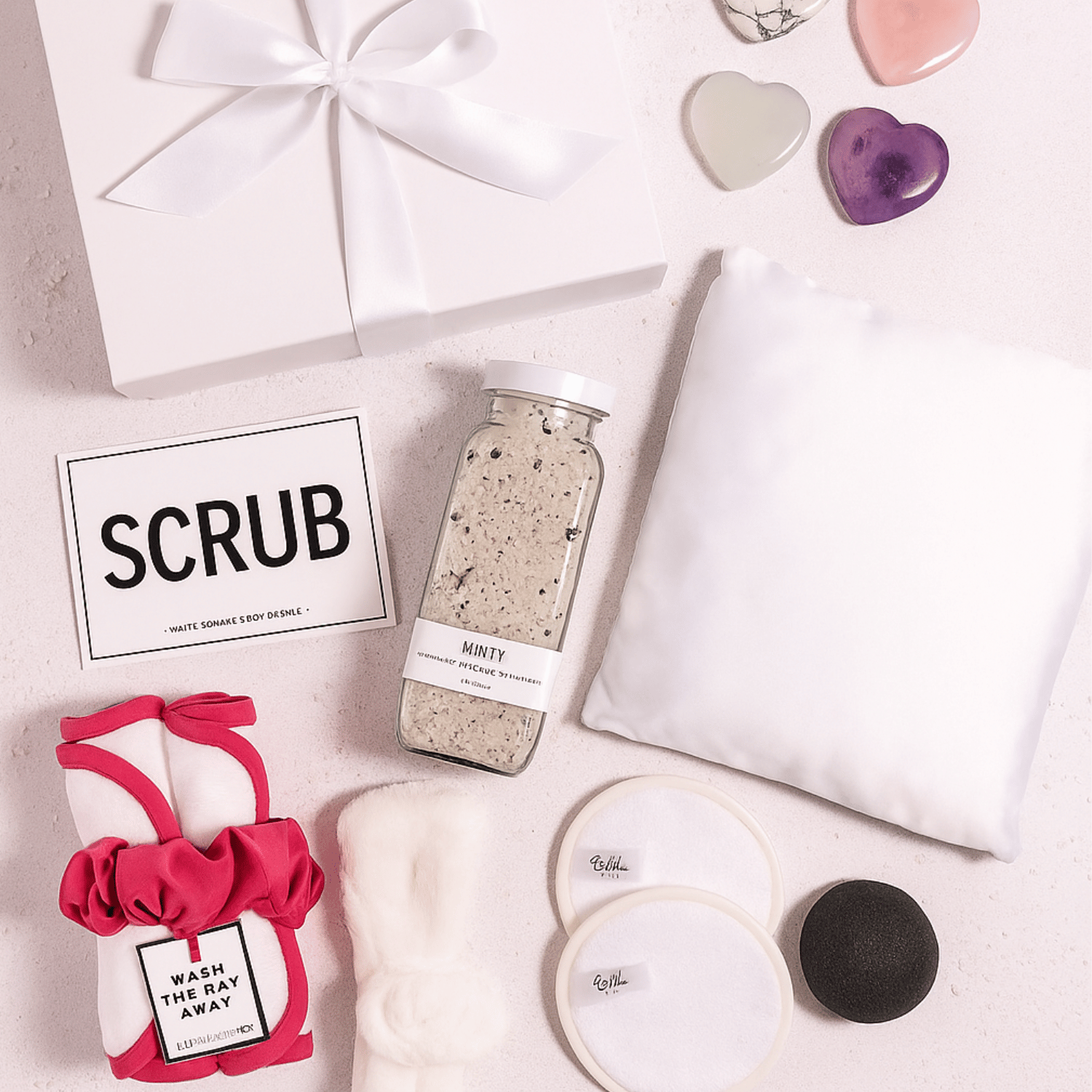 Day At The Spa Gift Basket Day At The Spa Gift Basket Day At The Spa Gift Basket Flat lay of spa gift contents featuring a pink scrunchie, SCRUB sponge card, bath salts, headband, and face cloths—highlighting customer review.