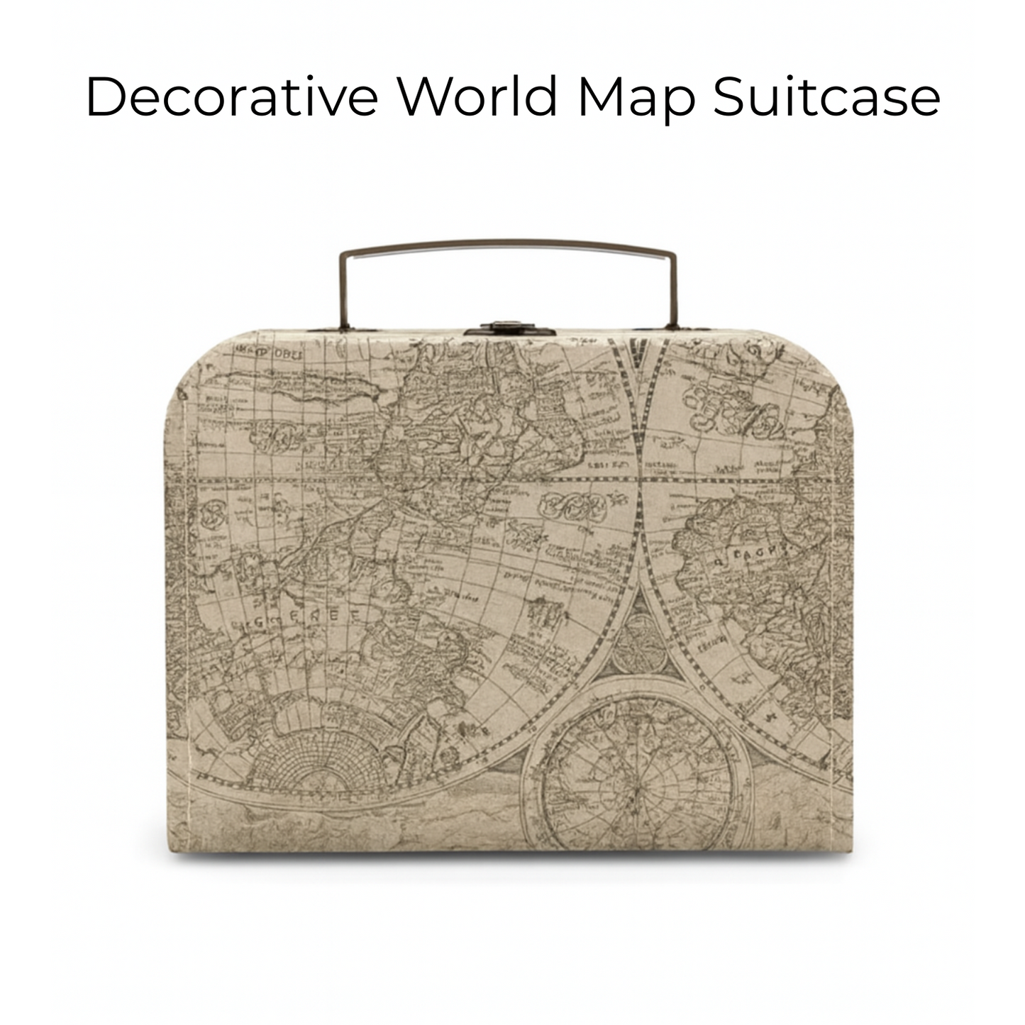 Decorative world map suitcase gift basket on a white background