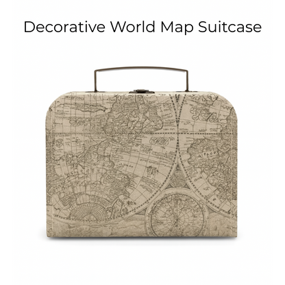 Decorative world map suitcase gift basket on a white background
