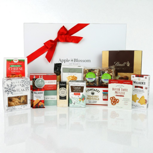 Christmas corporate gift box with Assorted gourmet snacks and treats with a 'Apple Blossom' branded box on a white background