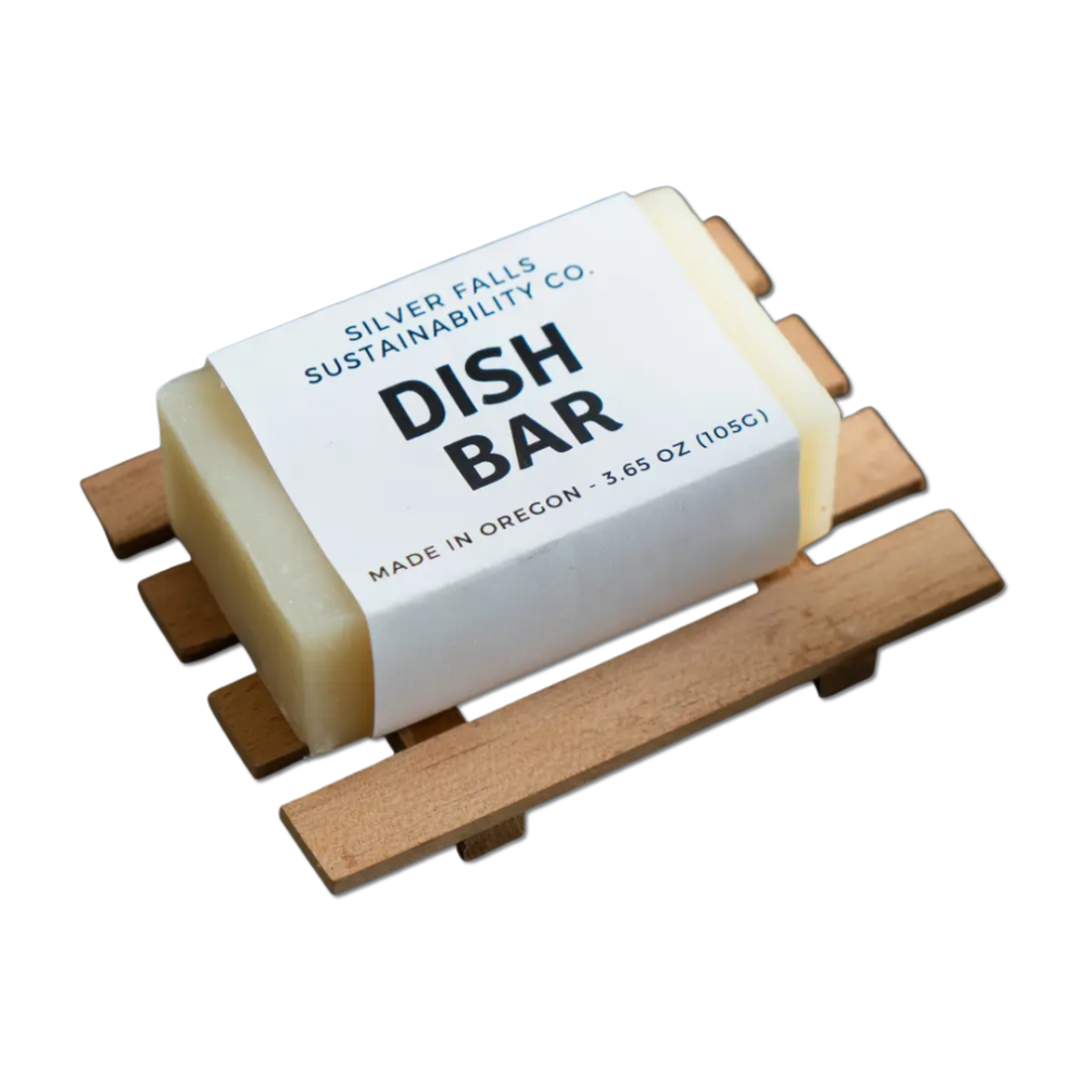 Oregon-made dish bar by Silver Falls Sustainability Co. with wooden soap deck for real estate closing gifts and housewarming gift baskets