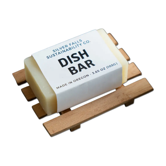 Oregon-made dish bar by Silver Falls Sustainability Co. with wooden soap deck for real estate closing gifts and housewarming gift baskets