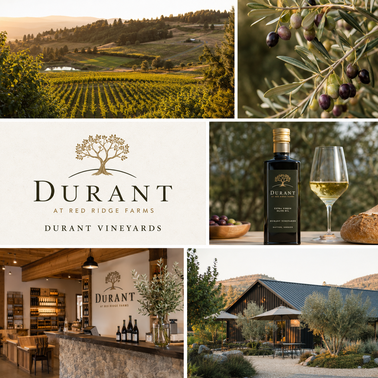 Durant at Red Ridge Farms vineyard, olive grove, olive oil, tasting room, and farm shop collage