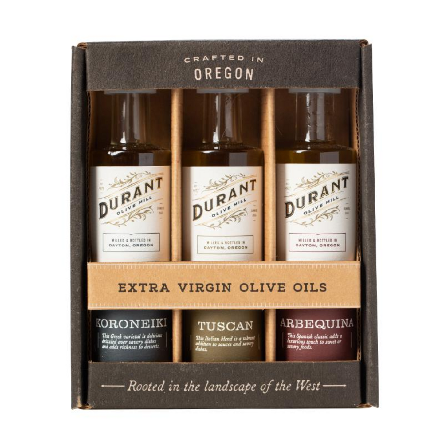 Durant Olive Oil Sampler trio made in Oregon.  comes with three 1.7 fl. oz. glass bottles of extra virgin olive oil.