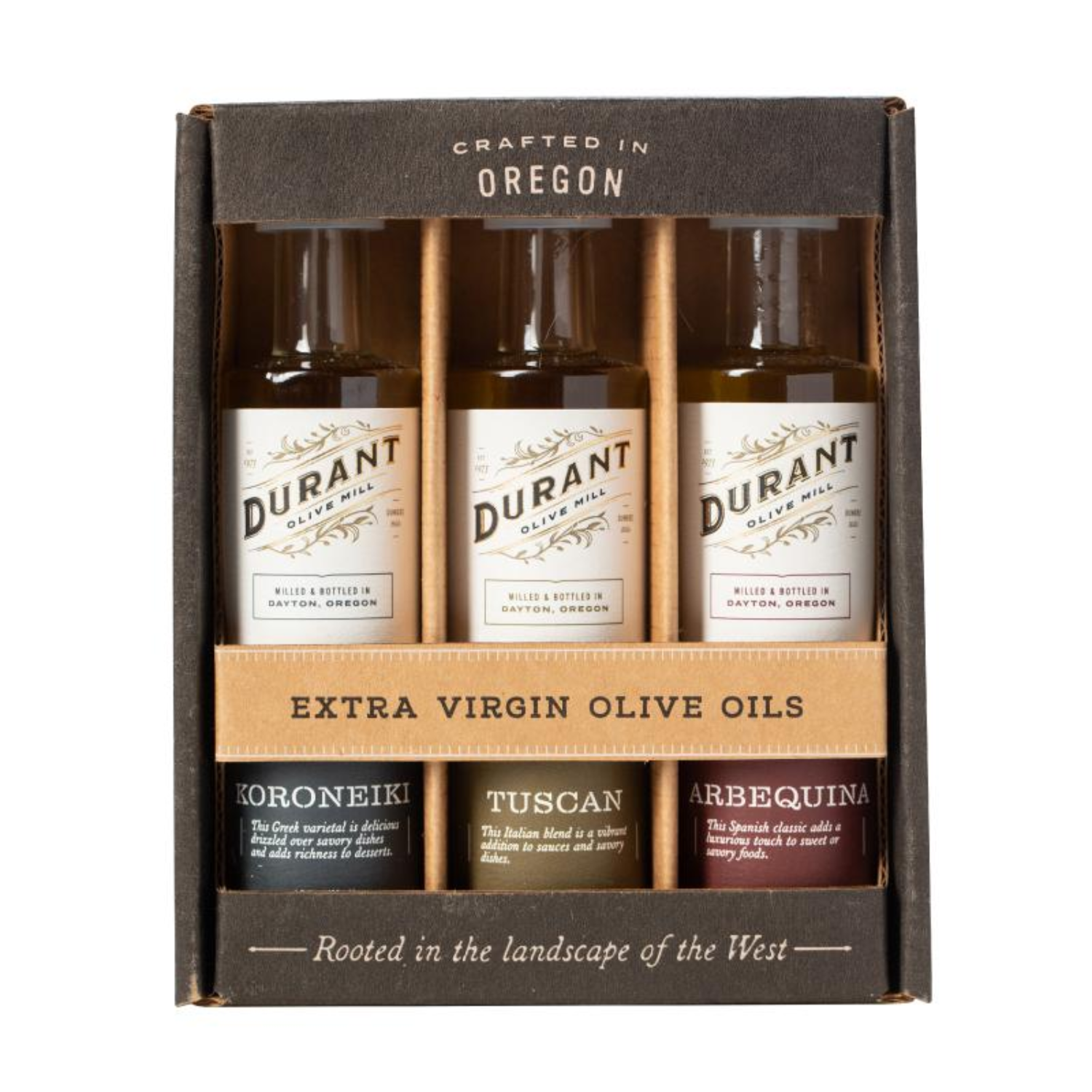 Durant Olive Oil Sampler trio made in Oregon.  comes with three 1.7 fl. oz. glass bottles of extra virgin olive oil.