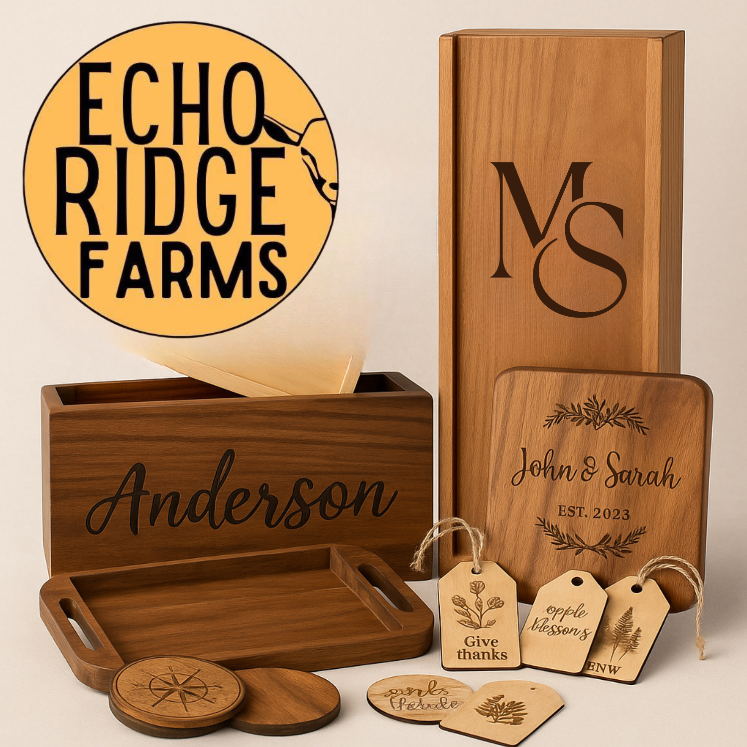 custom engraved wood cutting boards, gift boxes, coasters and tags made by echo ridge farms