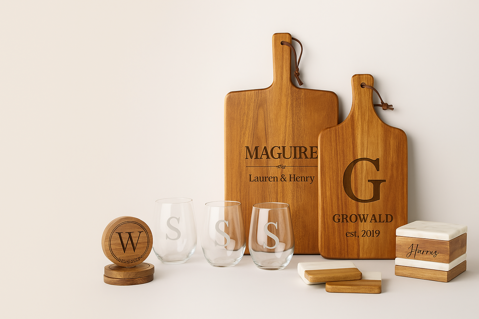 custom engraved and logo added merchandise available: choose from cutting boards, etched glasses, wood coasters, keychains and more