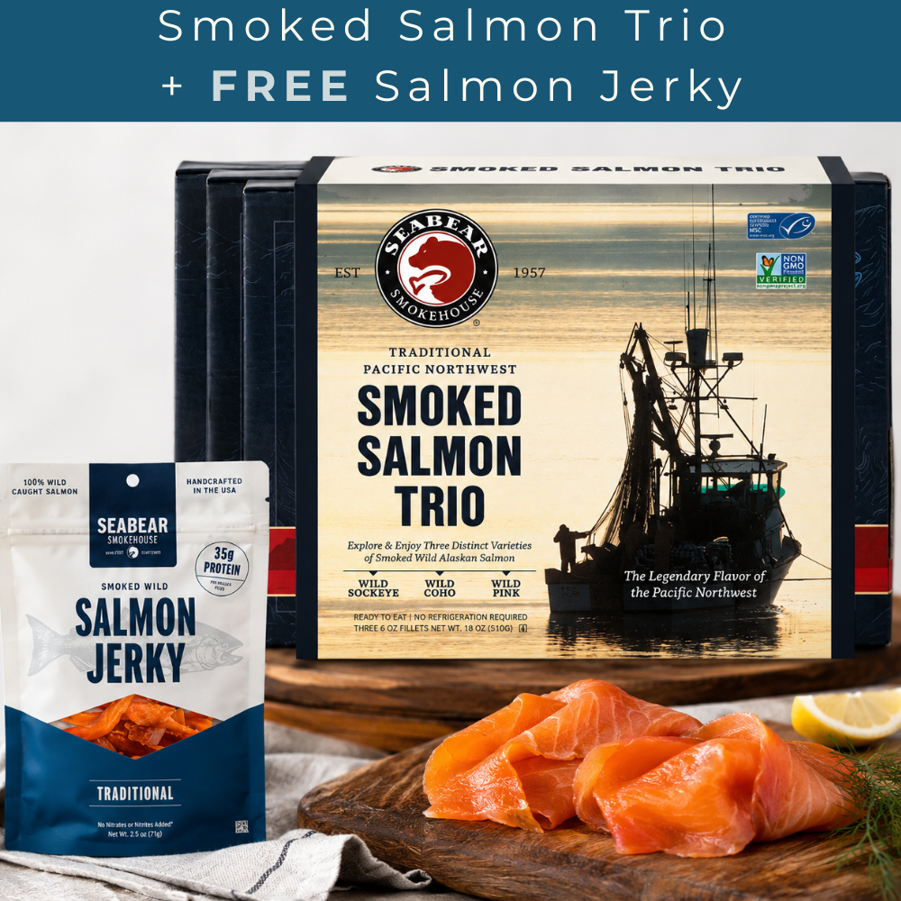 Smoked Salmon Trio with free wild salmon jerky featuring premium Pacific Northwest smoked salmon varieties
