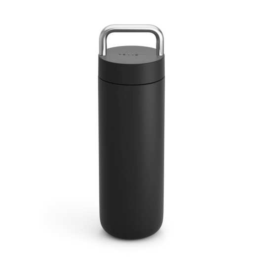 Black insulated bottle with silver lid on a white background