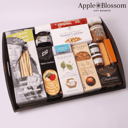 Pacific Northwest-inspired charcuterie theme snack gift tray with smoked muscles, cheese, crackers, and savory jams. A perfect client gift, housewarming gift basket, or luxury holiday gift for food lovers. Made in WA.