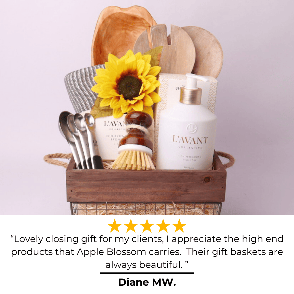 Five-Star Kitchen Gift Basket Review – “Absolutely love this kitchen gift basket for a closing gift in Seattle! The quality of every item is outstanding, and it made the perfect housewarming gift. Highly recommend!”