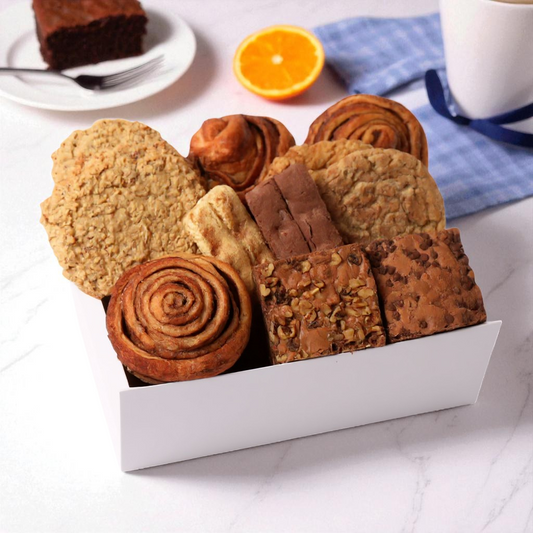 fresh baked goods gift box with fresh made baked goods: cinnamon rolls, brownies, cookies and biscotti made in Washington