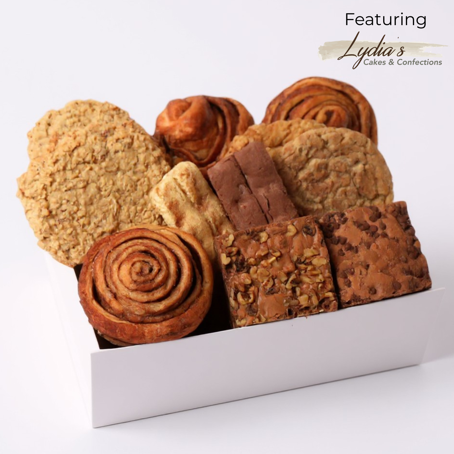 Gourmet Bakery Gift Box from the Pacific Northwest – A delicious assortment of freshly baked cookies, brownies, biscotti, and cinnamon rolls, handcrafted in Maple Valley, WA—perfect for a Seattle dessert gift, local foodie gift, or corporate gifting.