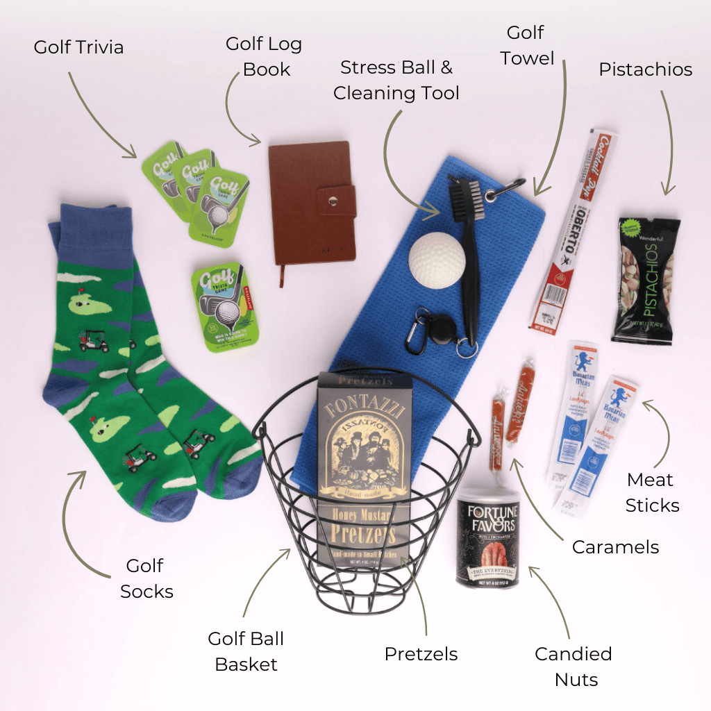 Flat lay of curated golf-themed gift basket for men featuring golf socks, trivia cards, logbook, towel, snacks, and golf accessories from Seattle gift company.