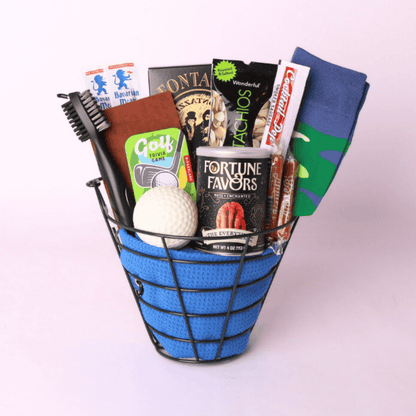 Seattle golf gift basket for him with golf socks, towel, cleaning tool, trivia game, pretzels, pistachios, and snacks by Apple Blossom Gift Baskets