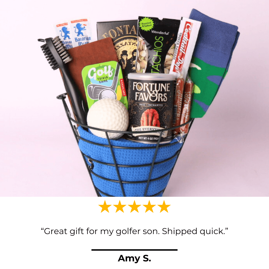 Golf gift basket with 5 star review that says "great gift for my golfer son.  shipped quick"