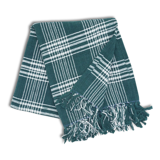 Evergreen plaid throw blanket with fringe, cozy Washington gift basket add-on, perfect for build a gift, holiday gifts, or housewarming.