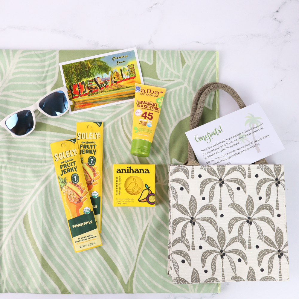 Collection of tropical-themed products including fruit jerky, sunscreen, and sunglasses on a leaf-patterned surface.
