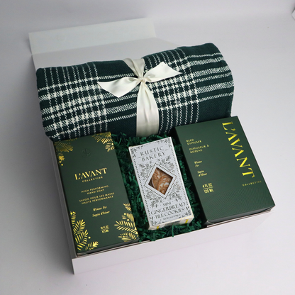 Green Essex plaid throw with L’Avant Winter Fir soap and diffuser displayed with gingerbread cookies — luxury holiday gift set made in Washington.