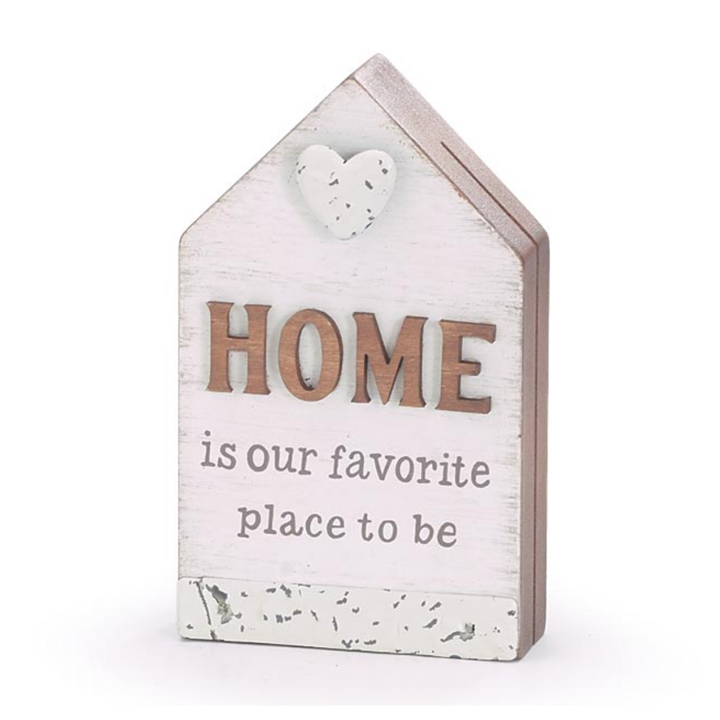 Hand-painted wooden house shaped photo holder. House is covered in white distressed wood with a message reading "Home is our favorite place to be" with an embossed tin heart.