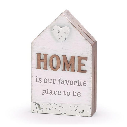 Hand-painted wooden house shaped photo holder. House is covered in white distressed wood with a message reading "Home is our favorite place to be" with an embossed tin heart.