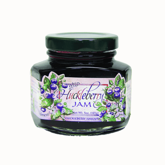 5oz. glass jar of huckleberry jam by huckleberry haven made for pnw gift baskets