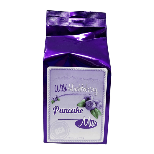 huckleberry pancake and waffle mix in a purple pouch 15oz.
