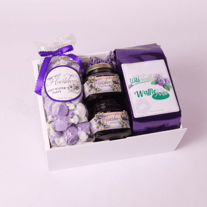 Washington Huckleberry Gourmet Gift Box – A beautifully curated gift featuring wild huckleberry jam, saltwater taffy, and waffle mix, elegantly packed in a signature gift box. Perfect for birthdays, thank-you gifts, and special occasions.
