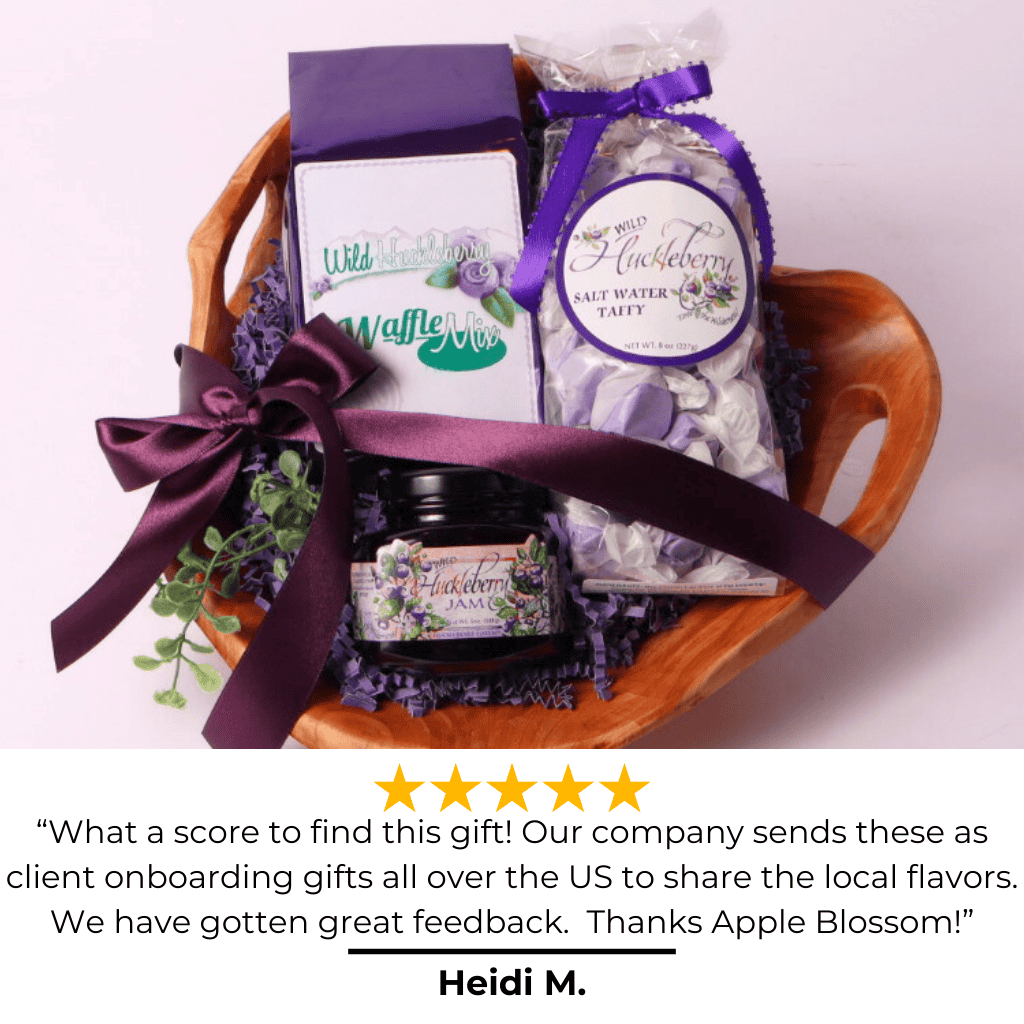 5 star review for the Washington "I'm your huckleberry purple themed gift basket: "What a score to find this gift! Our company sends these as client onboarding gifts all over the US to share the local flavors.  We have gotten great feedback.  Thanks Apple Blossom!"