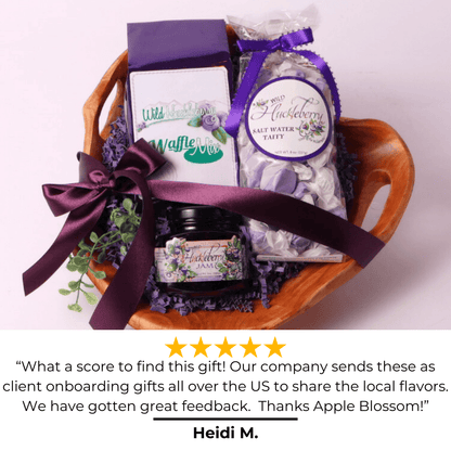 5 star review for the Washington "I'm your huckleberry purple themed gift basket: "What a score to find this gift! Our company sends these as client onboarding gifts all over the US to share the local flavors.  We have gotten great feedback.  Thanks Apple Blossom!"