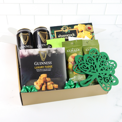 St Patrick’s Day gift basket with Irish themed snacks and green ribbon, Seattle gift basket for holiday gifting and Washington delivery