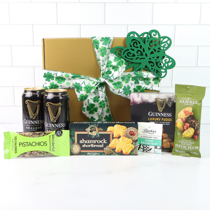 St Patrick’s Day gift boxes with green ribbon and Irish themed treats, Seattle gift boxes for holiday gifting and Washington gift delivery