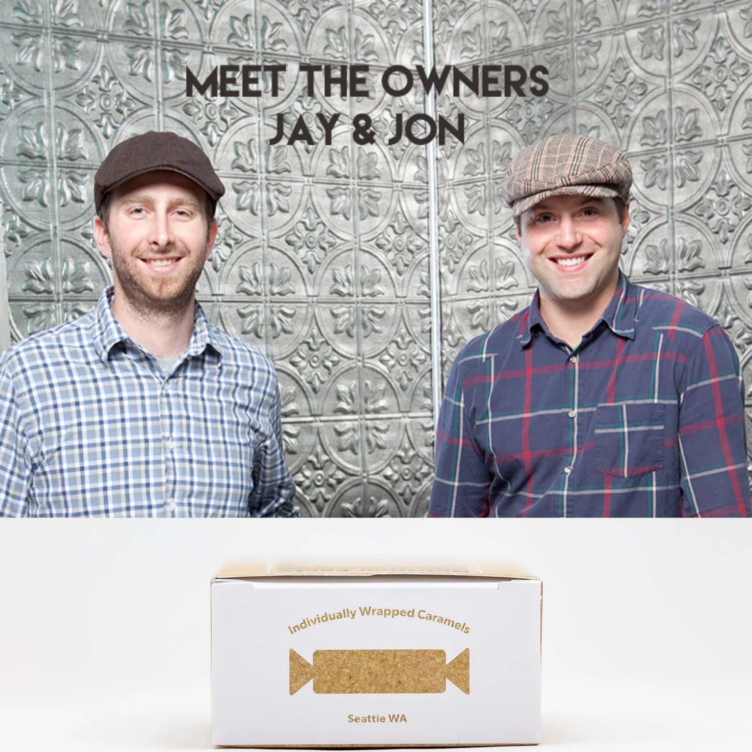 Two men standing in front of a decorative wall with text 'Meet the Owners Jay & Jon' and a box of individually wrapped jonboy caramels below.