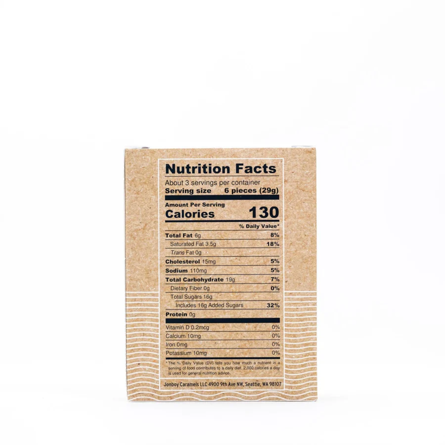 jonboy caramels box made in wa Nutrition facts label on a cardboard package with a white background