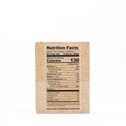 jonboy caramels box made in wa Nutrition facts label on a cardboard package with a white background