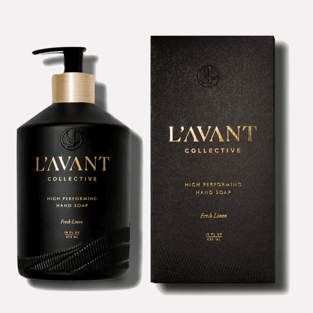 lavant collective high performing hand sop.  Fresh lined scent 16oz. matte black reusable glass bottle with gold neck and black pump.  