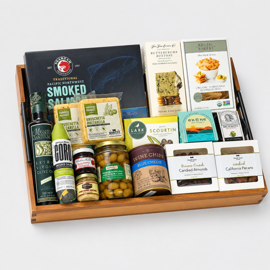 Luxury charcuterie corporate gift tray with pacific northwest smoked salmon, salami, olive oil, cheese, crackers, olives, nuts, and gourmet spreads