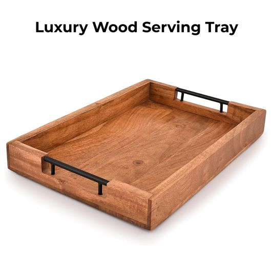Wooden serving tray with black handles on a white background